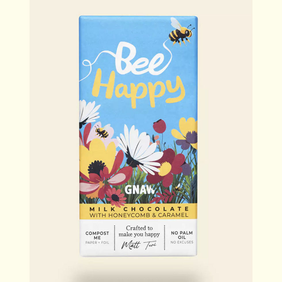 Gnaw "Bee Happy" Honeycomb & Crunchy Caramel Milk Chocolate Bar