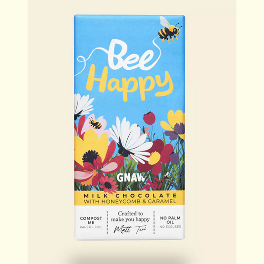 Gnaw "Bee Happy" Honeycomb & Crunchy Caramel Milk Chocolate Bar