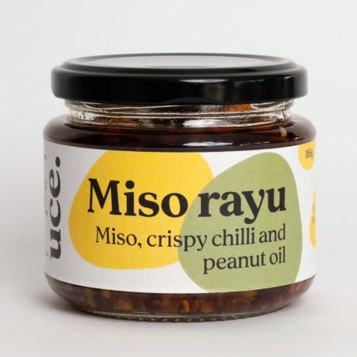 Jar of Miso Rayu on a white background
