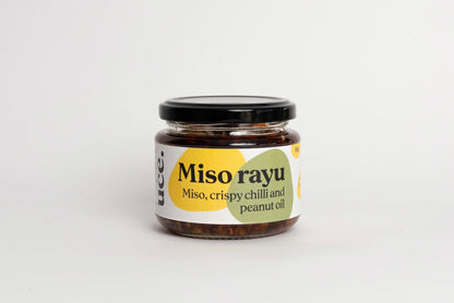 Jar of Miso Rayu on a white background